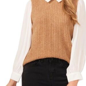 New CeCe Cable Knit Sheer Sleeves Pullover Sweater size Large